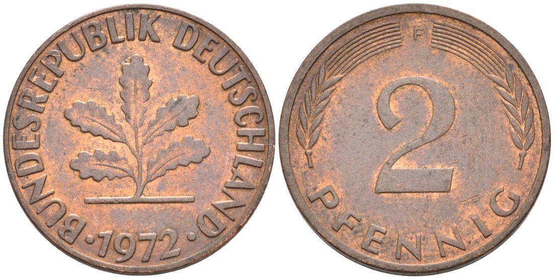 ФРГ 2 пфеннига 1972 F KM 106а сталь плакированная бронзой 4567-353