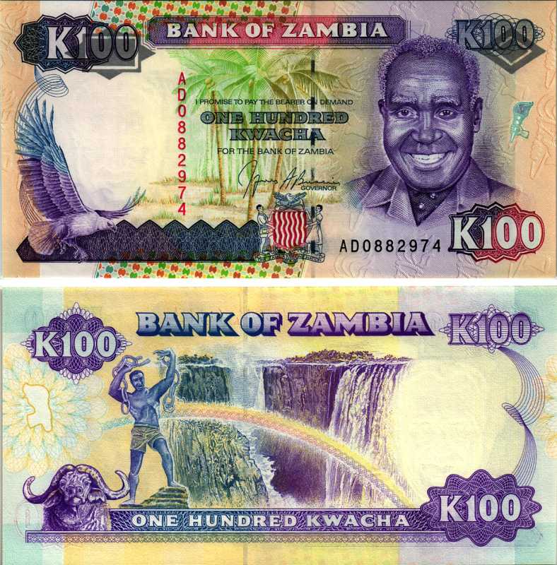 Замбия 100 квач ND (1991) Кеннет Каунда, буйвол, водопад Виктории Pick 34 а бумага UNC (пресс) 8605-21-2-2