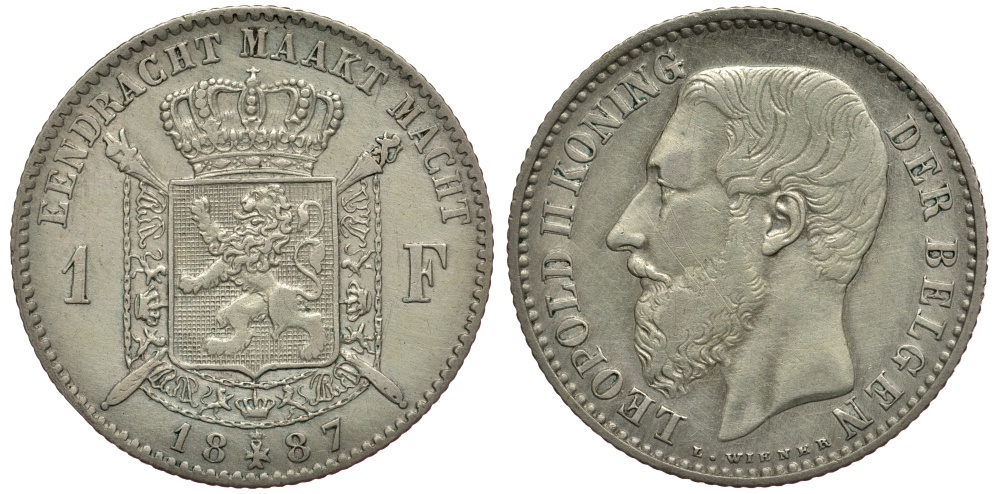 БЕЛЬГИЯ 1 ФРАНК 1887 ЛЕОПОЛЬД II (1865-1909), BELGEN, РАЗНОВИДНОСТЬ С ТОЧКОЙ В ПОДПИСИ KM 29.1 серебро 3896-933