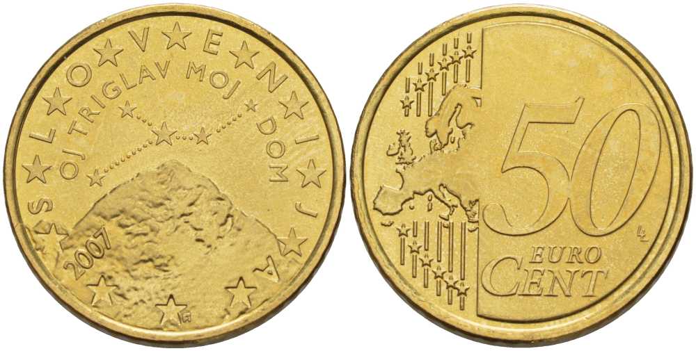 СЛОВЕНИЯ 50 ЕВРОЦЕНТОВ 2007 ГОРЫ И ЗВЁЗДЫ KM 73 латунь UNC 98-816