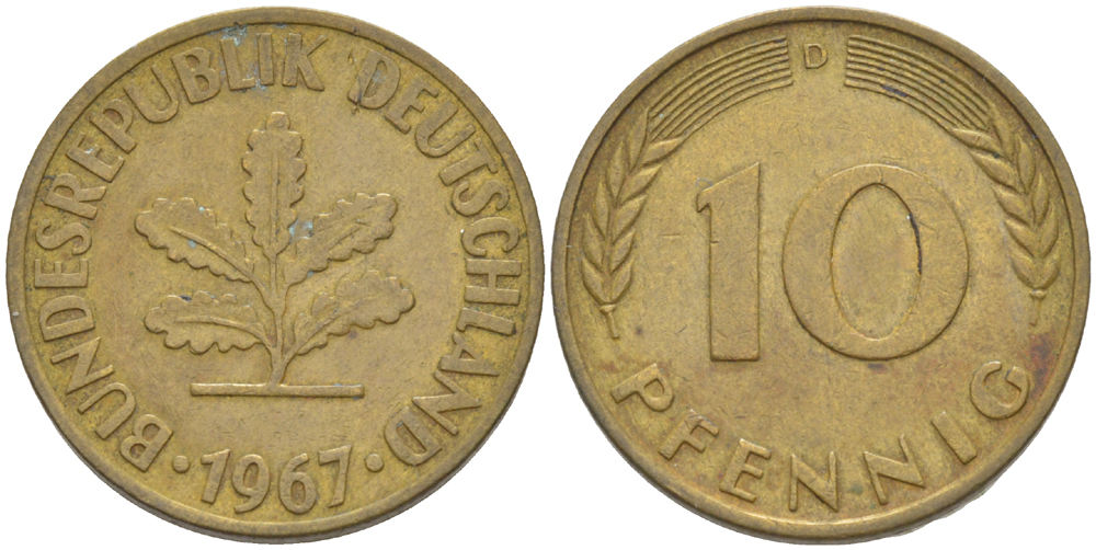 ФРГ 10 ПФЕННИГОВ 1967 D KM 108, J. 383 сталь плакированная латунью 4182-754