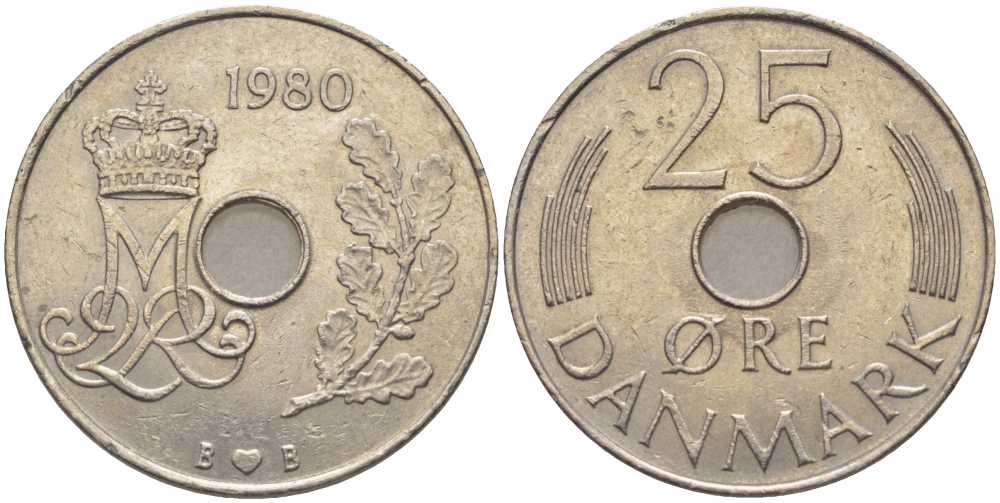 ДАНИЯ 25 ЭРЕ 1980 B;B, МАРГРЕТЕ II (1972-) KM 861.2 медно-никель 202-747