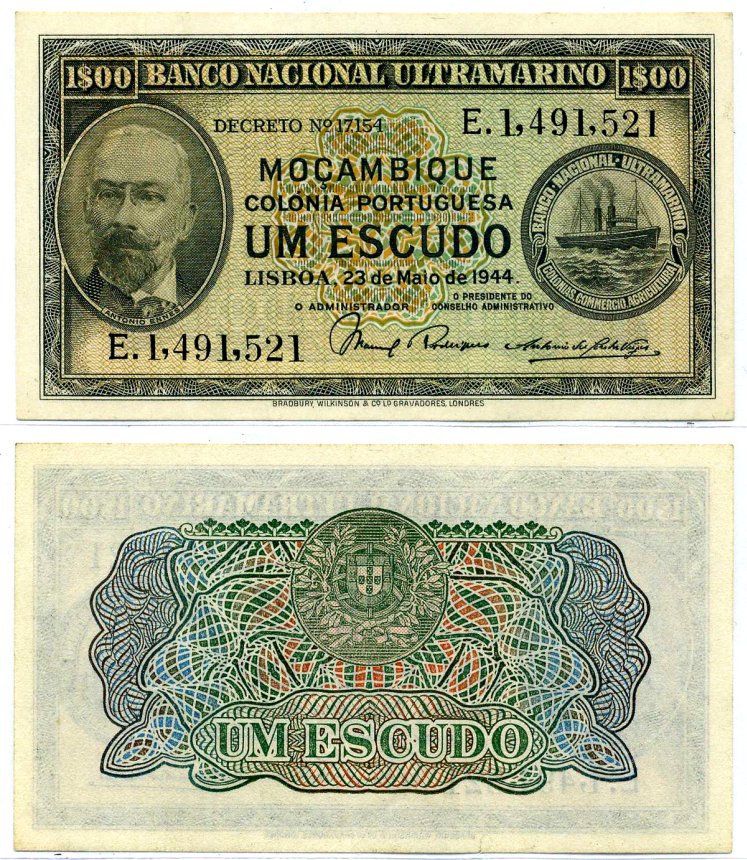 Мозамбик, Португальский 1 эскудо 1944 23 МАЯ 1944, АНТОНИУ ЭНЕШ Pick 92 бумага аUNC 000-00-00