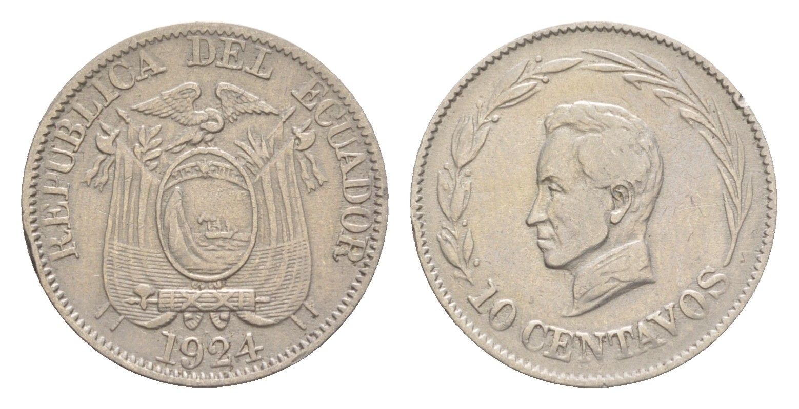 Эквадор 10 сентаво 1924 KM 66 медно-никель 1528-1421
