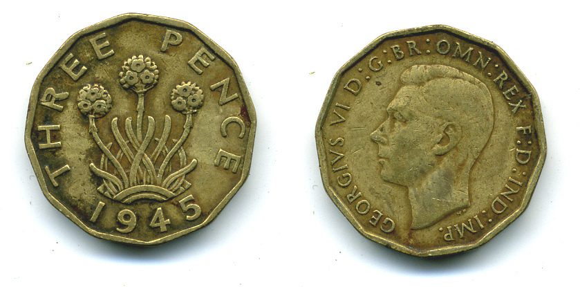 Великобритания 3 пенса 1945 Георг VI (1936-1952) KM 849, Spink 4112 никель латунь 4383-256