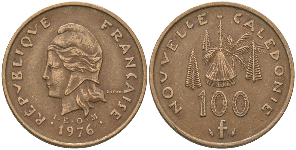 Французская Новая Каледония 100 франков 1976 хижина среди сосен и пальм, (IEOM) KM 15, Schoen 16, Lec 130 никель бронза 88-242