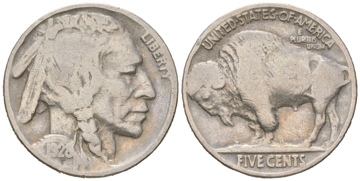 США 5 центов 1928 индеец, бизон KM 134 медно-никель 4614-1135