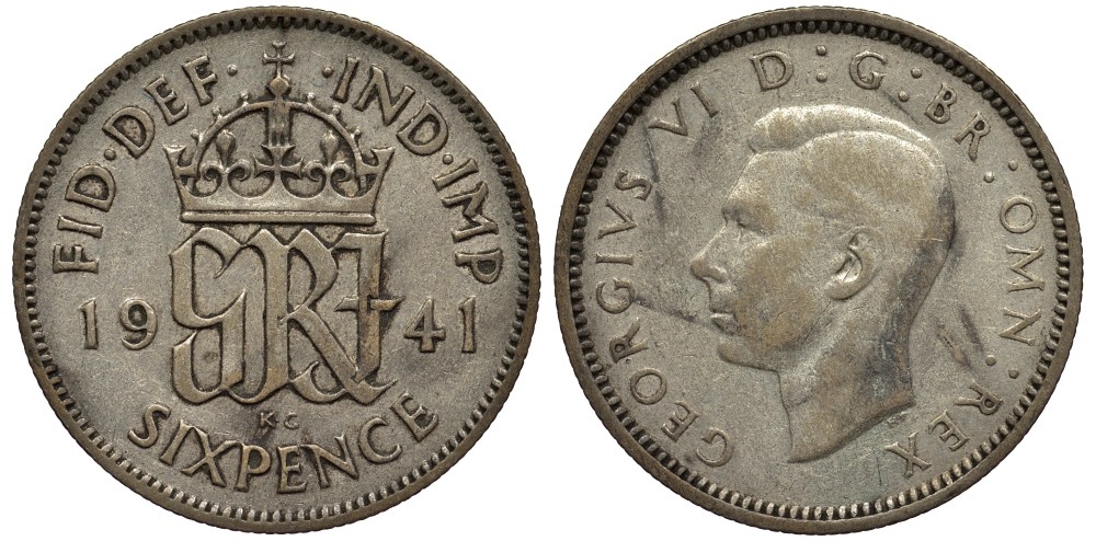 Великобритания 6 пенсов 1941 Георг VI (1936-1952) KM 852, Spink 4084 серебро 4538-444