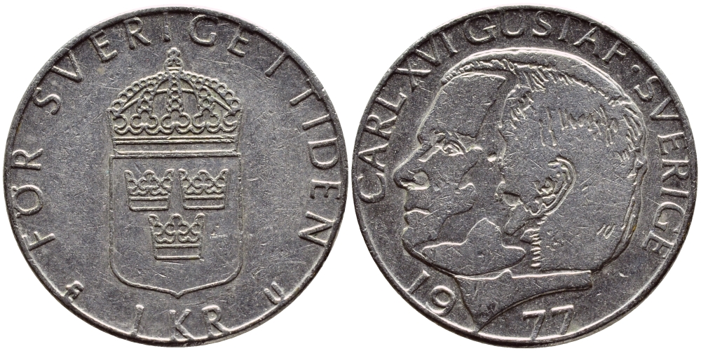 Швеция 1 крона 1977 Карл XVI Густав (1973- ) KM 852 медь плакированная медно-никелем 4397-823