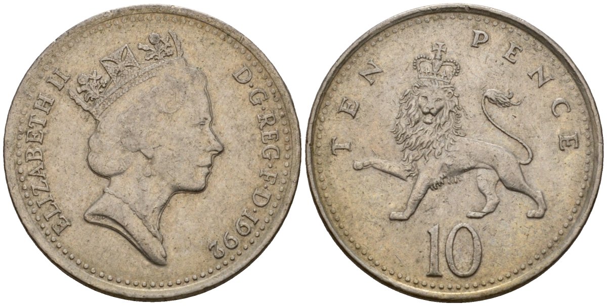 Великобритания 10 пенсов 1992 Елизавета II (1952-2022) KM 938b, Spink 4367 (F4) медно-никель 4601-443
