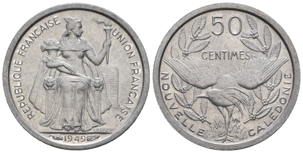 Французская Новая Каледония 50 сантим 1949 птица кагу, заморские территории KM 1 алюминий  aUNC  4609-937
