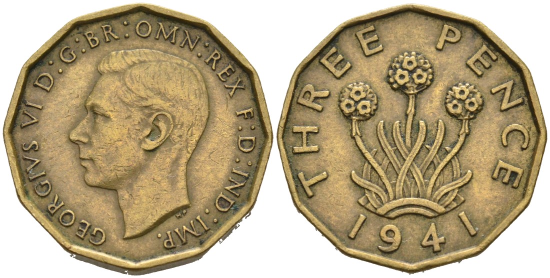 Великобритания 3 пенса 1941 Георг VI (1937-1952) KM 849, Spink 4112 никель латунь 4561-954
