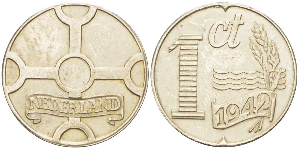 НИДЕРЛАНДЫ 1 ЦЕНТ 1942 РЕСТРАЙК, ДИАМЕТР 18 ММ. белый металл UNC 211-668
