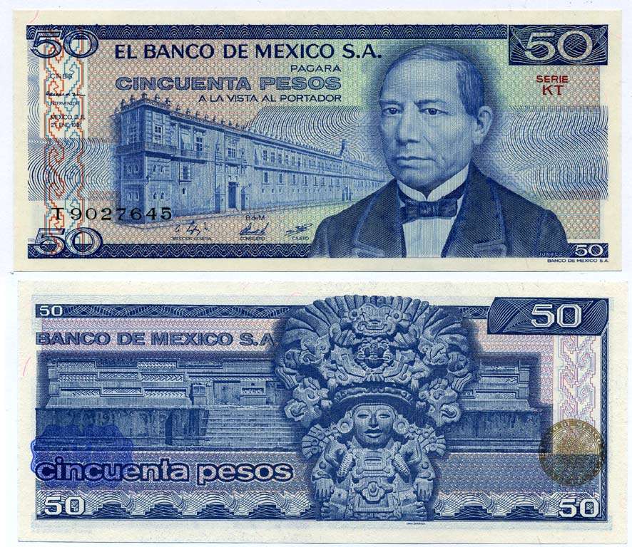 МЕКСИКА 50 ПЕСО 1981 27 ЯНВАРЯ 1981, БЕНИТО ХУАРЕС, СЕРИЯ KT Pick 73 бумага UNC (ПРЕСС) 6262-28-1-1
