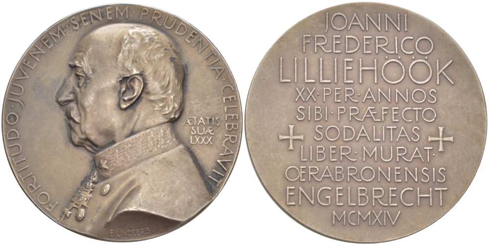 ШВЕЦИЯ МЕДАЛЬ 1914 В ЧЕСТЬ 80-ЛЕТИЯ JOANNINI FREDERICO LILLIEHOOK ОСНОВАТЕЛЯ КНИЖНОГО КЛУБА, МЕДАЛЬЕР ERIK LINDBERG, ДИАМЕТР 45 ММ., ВЕС 51 ГР. белый металл 1084-4-32