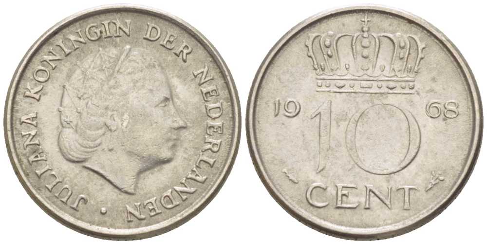 НИДЕРЛАНДЫ 10 ЦЕНТОВ 1968 ЮЛИАНА (1948-1980) KM 182 никель 214-1229