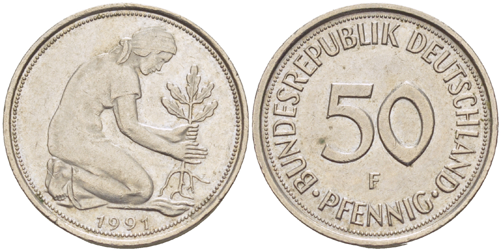ФРГ 50 ПФЕННИГОВ 1991 F KM 109.2, J. 384а медно-никель 4182-1013
