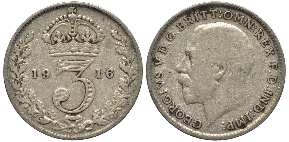 Великобритания 3 пенса 1916 Георг V (1910-1936) KM 813, Spink 4015 серебро 4528-447