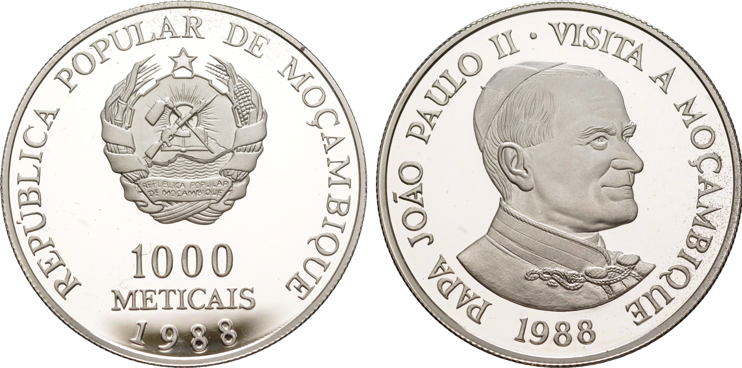 Мозамбик 1000 метикалей 1988 визит в Мозамбик папы Иоанна Павла II KM 109 a серебро  PROOF 1079-5-33