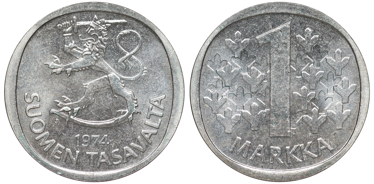 Финляндия 1 марка 1974 S KM 49а медно-никель 259-424