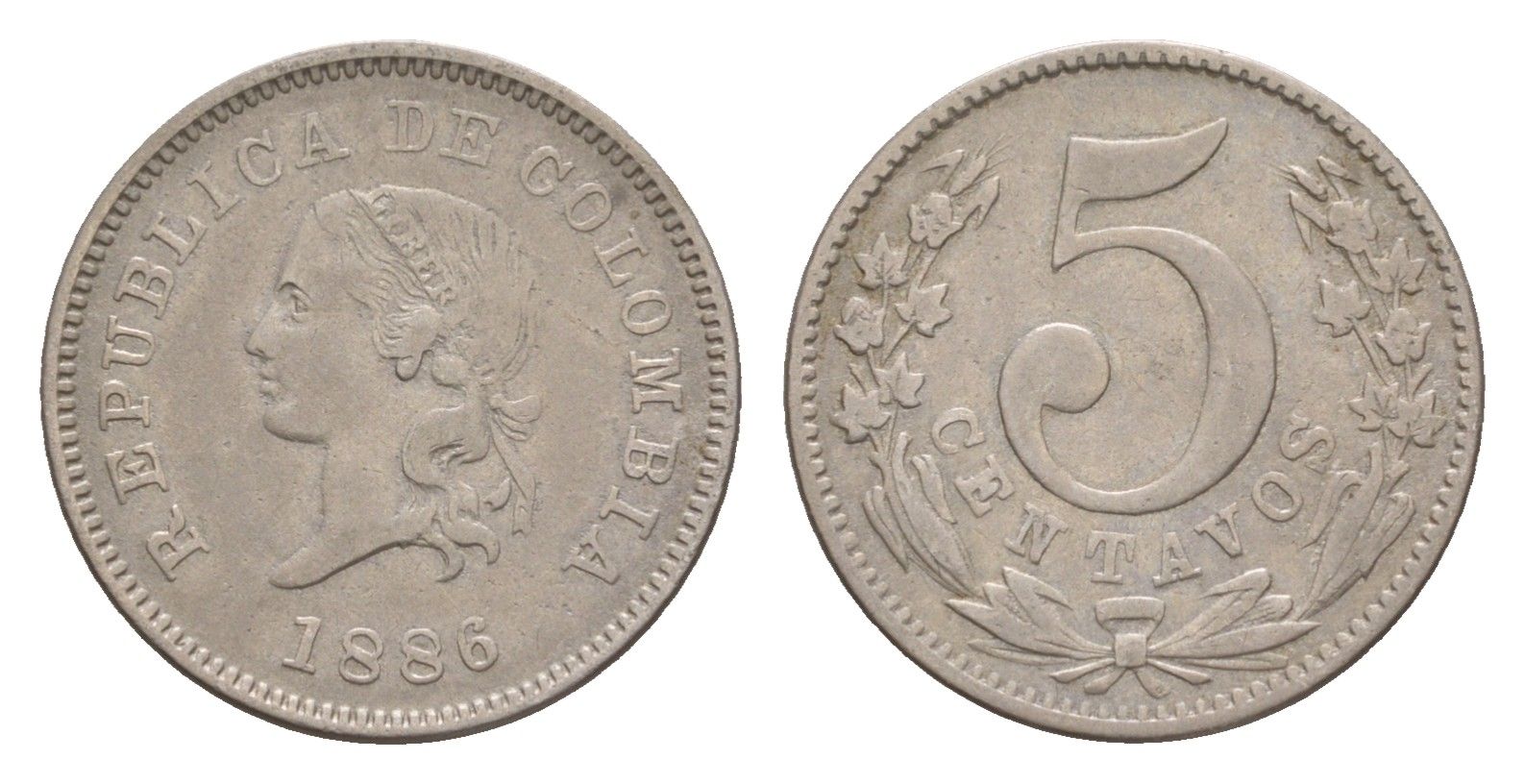 Колумбия 5 сентаво 1886 KM 183 медно-никель 4655-618