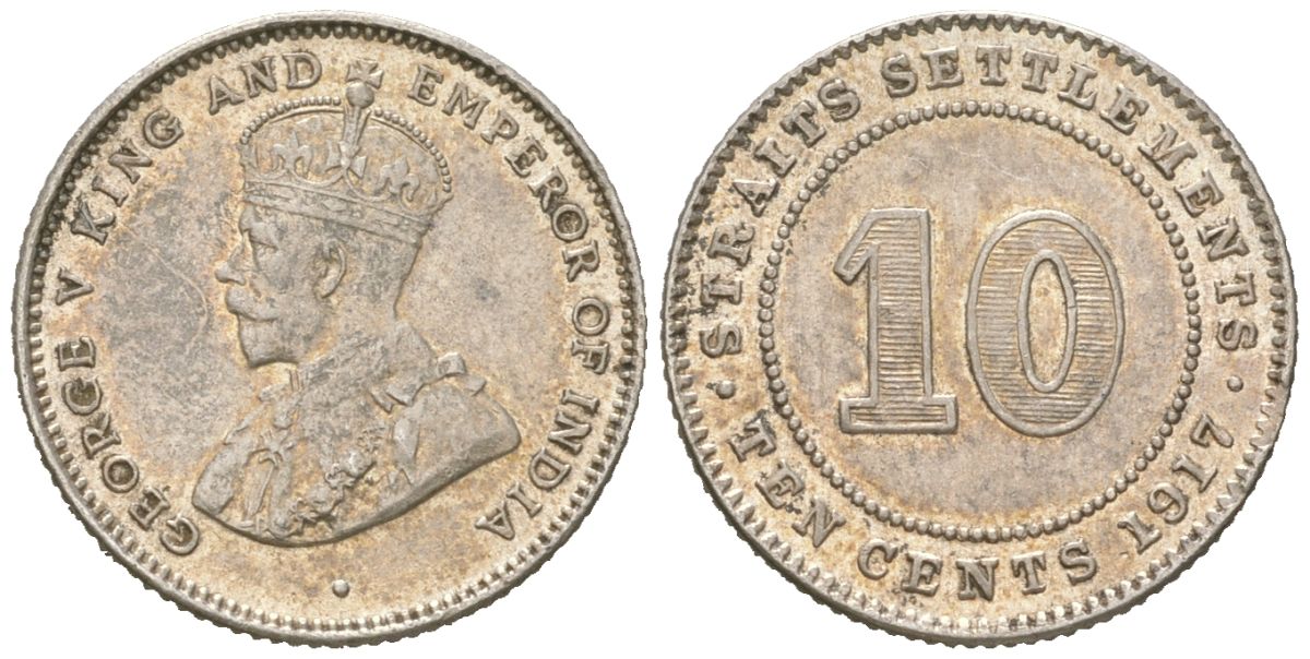 Стрейтс Сетлментс 10 центов 1917 Британская Малайя KM 29 серебро aUNC 4617-328