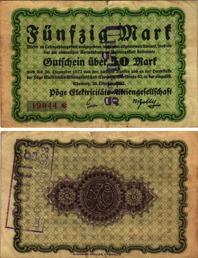 ХЕМНИЦ 50 МАРОК 1922 НОТГЕЛЬД, 26 ОКТЯБРЯ 1922 - 26 ДЕКАБРЯ 1922, ЗЕМЛЯ САКСОНИЯ, ШТЕМПЕЛЬ ПОГАШЕН 5 ФЕВРАЛЯ 1923, ДЛИННА НОМЕРА 15 ММ. Muller 785.9b бумага 6300-36-2-1