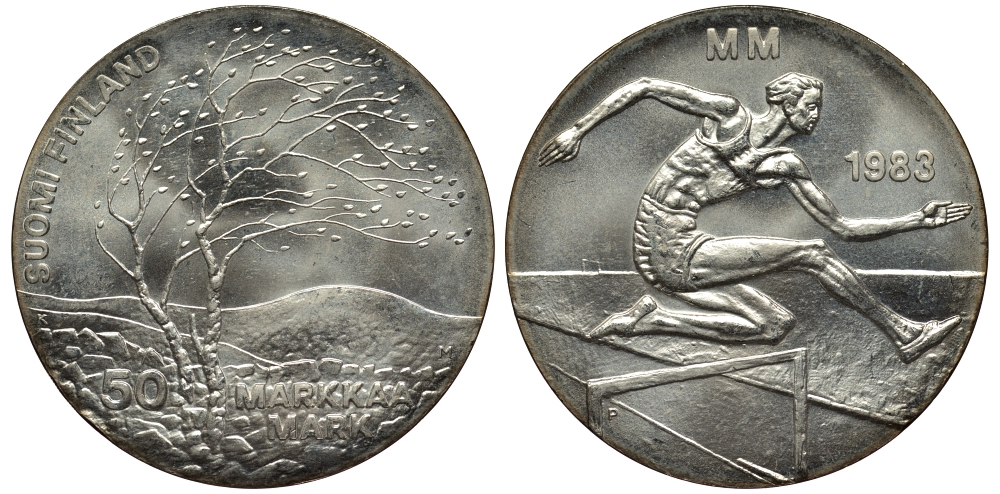 Финляндия 50 марок 1983 K-T, чемпионат мира по атлетике, бег с препятствиями KM 61 серебро 1530-1444