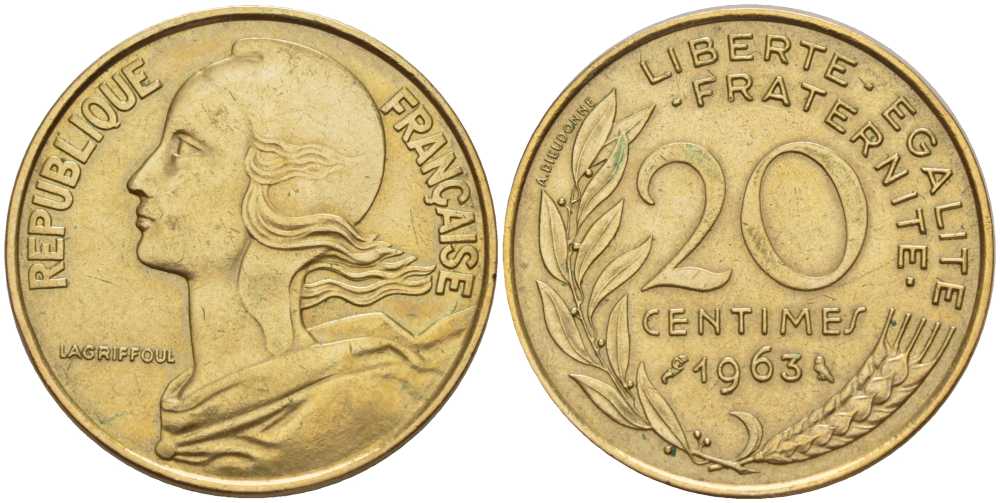 ФРАНЦИЯ 20 САНТИМОВ 1963 ТИП MARIANNE KM 930, LE FRANC 156.3 медь алюминий никель 117-857