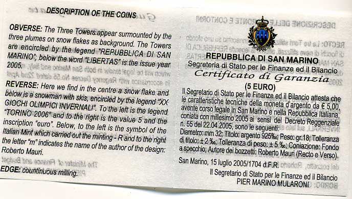 Сан-Марино 5 евро 2005 Зимние Олимпийские игры 2006 в Турине, снежинка,  в оригинальной коробке, с сертификатом KM 511 серебро PROOF 4-5-1-18