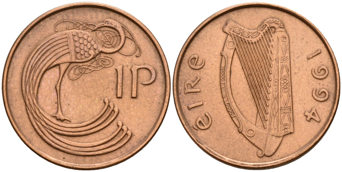 Ирландия 1 пенни 1994 мифологическая птица лира KM 20a бронза 4141-244