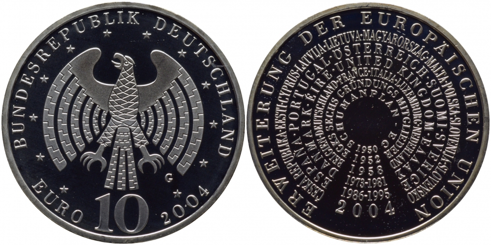 ФРГ 10 евро 2004 G, расширение Евросоюза KM 231, DE.S 10.14 серебро PROOF 01-166-15