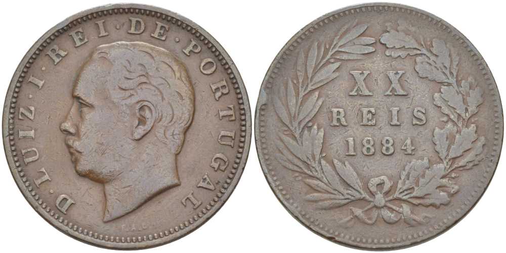 ПОРТУГАЛИЯ 20 РЕЙС 1884 ЛУИШ (ЛЮДОВИК) I (1861-1889) KM 527 бронза 111-926