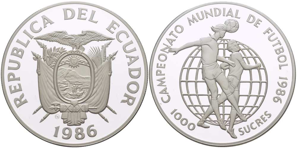 Эквадор 1000 сукре 1986 чемпионат мира по футболу в Мексике 1986 года, удар головой KM 88 серебро PROOF 00-000-00