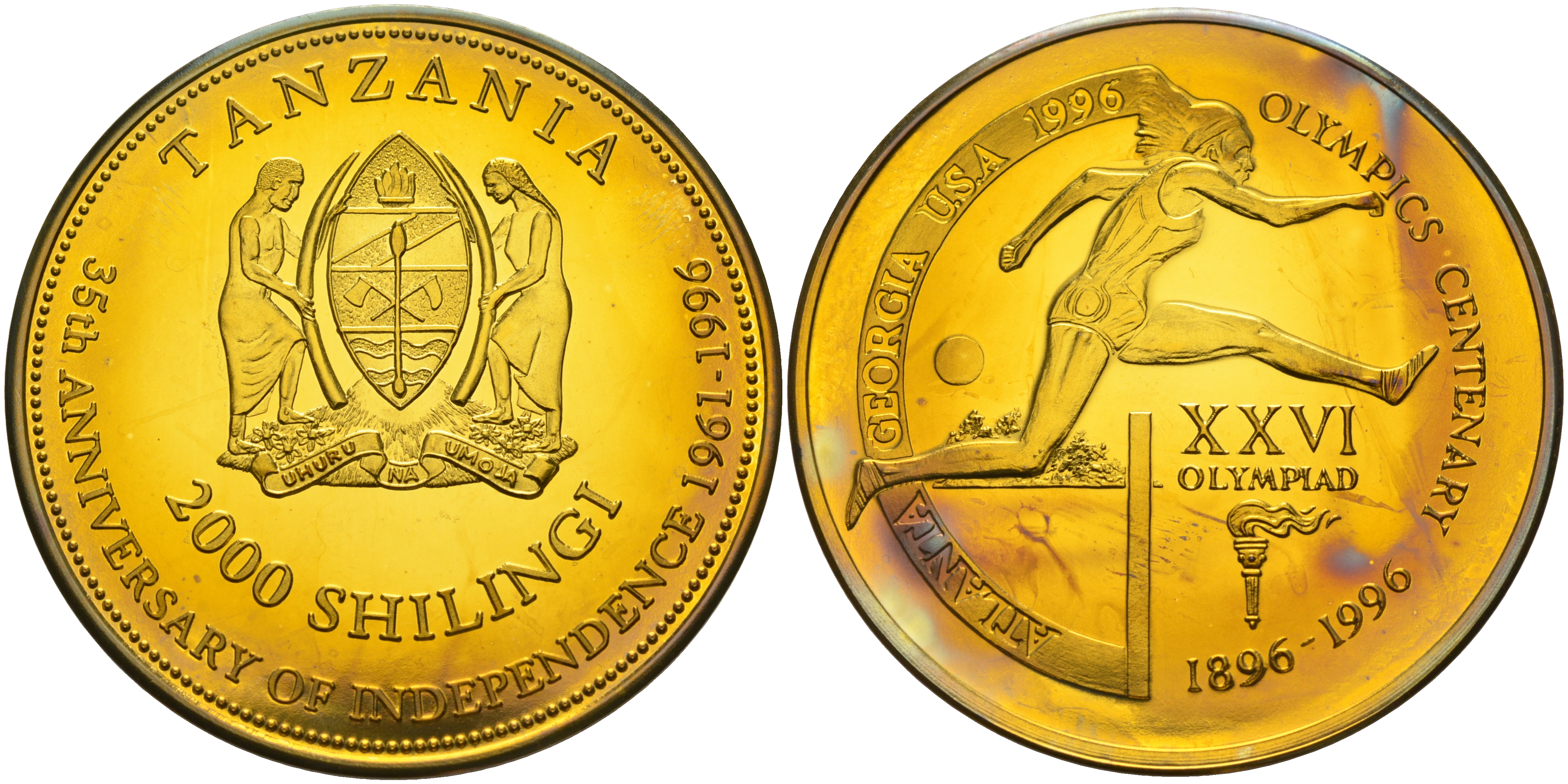 Танзания 2000 шиллингов 1996 XXVI Олимпийские игры 1996 года в Атланте, 100 лет Олимпийскому движению, бег с барьерами, пробник, гладкий гурт латунь PROOF 06-135-31