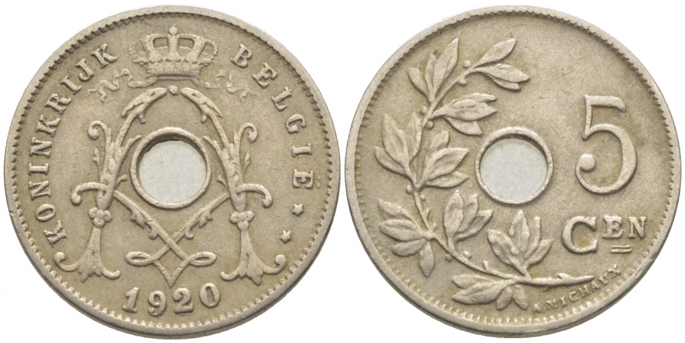 БЕЛЬГИЯ 5 САНТИМОВ 1920 BELGIE KM 67 медно-никель 112-231