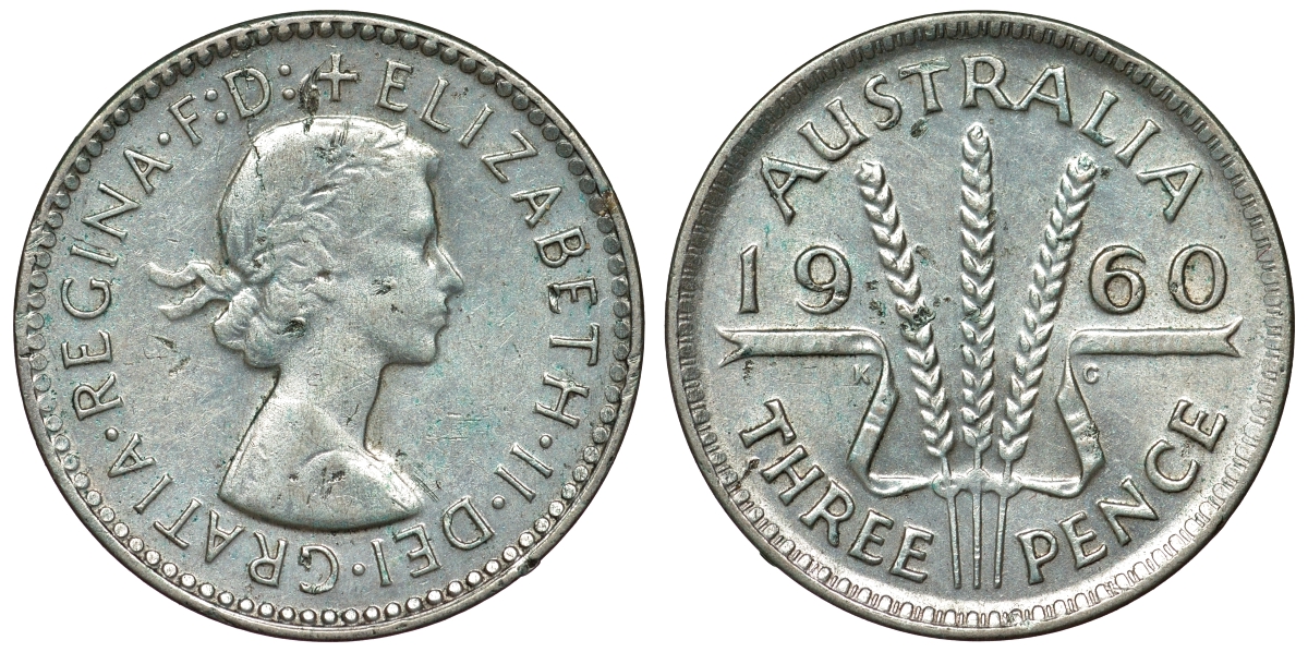 Австралия 3 пенса 1960 m, Елизавета II (1952-2022) KM 57 серебро 71-643