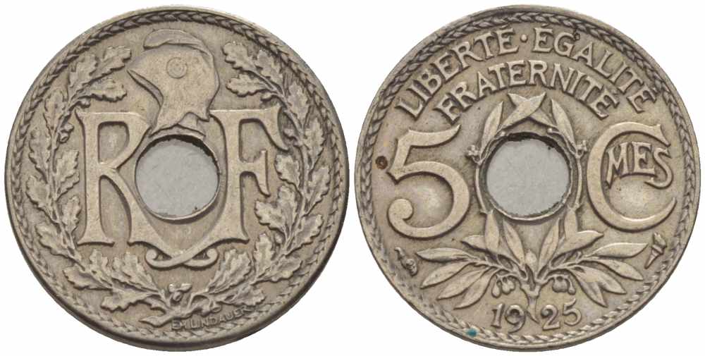 ФРАНЦИЯ 5 САНТИМОВ 1925 ТИП ЛИНДАЙЁ KM 875, LE FRANC 122.10 медно-никель 4379-347