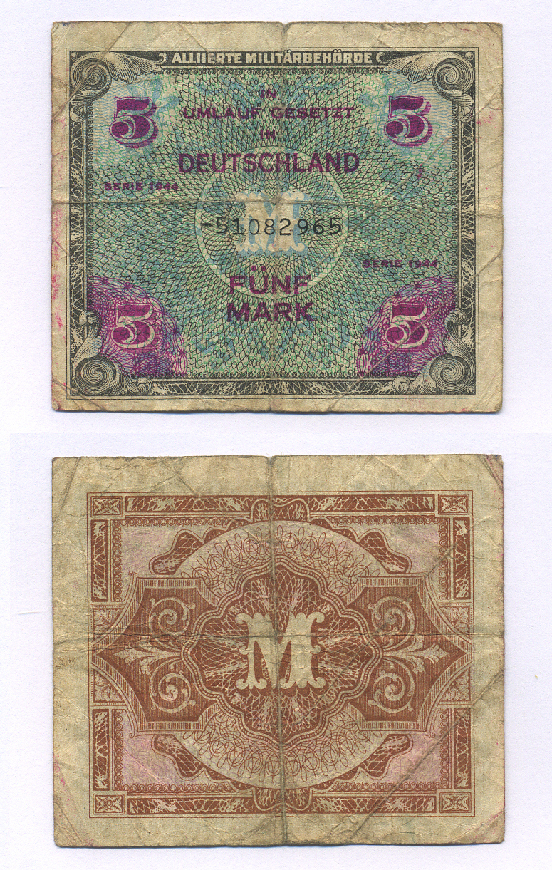 ГЕРМАНИЯ 5 МАРОК 1944 8 ЦИФР В НОМЕРЕ, ОККУПАЦИЯ ГЕРМАНИИ, ВТОРАЯ МИРОВАЯ ВОЙНА Pick 193d бумага 6300-14-2-1
