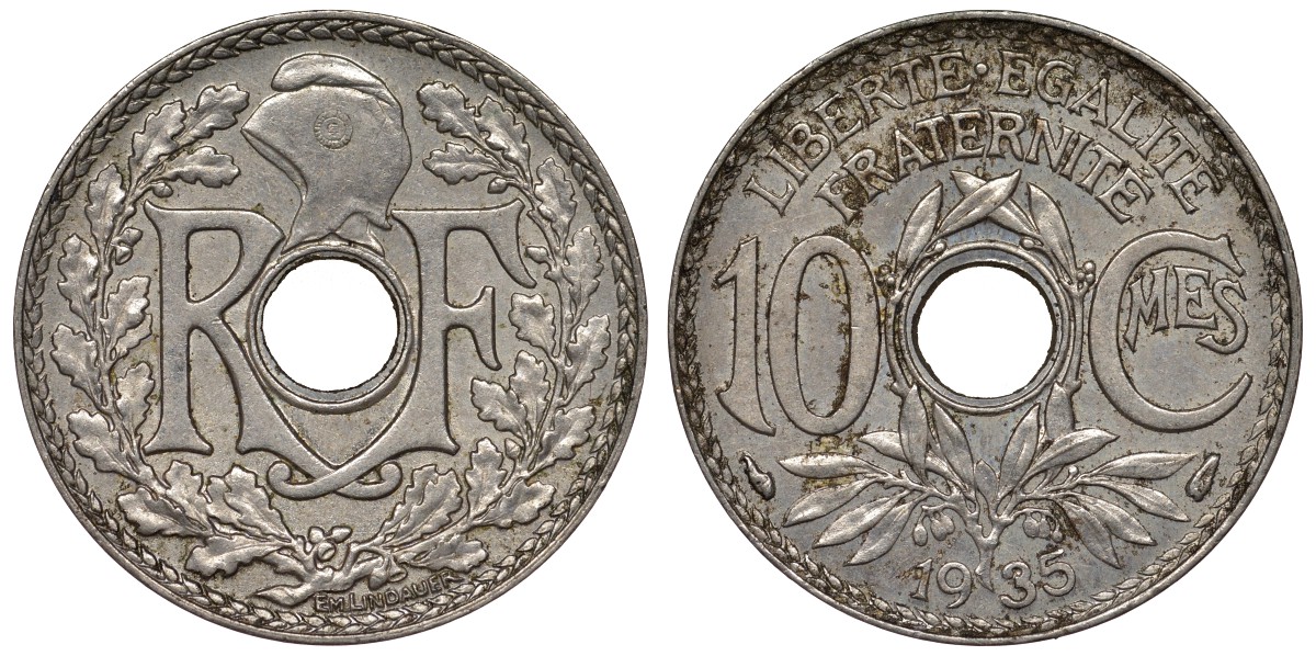 Франция 10 сантимов 1935 тип Lindauer KM 866а, Le Franc 138.22 медно-никель 4128-152