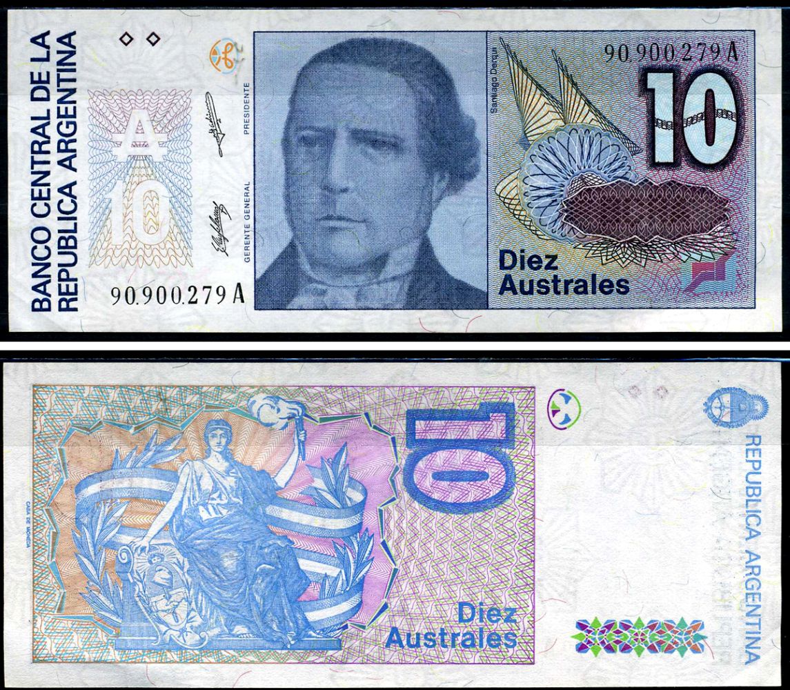 Аргентина 10 аустралей ND (1985-1989) Сантьяго Дерки Pick 325 b бумага UNC (пресс) 7214-6-3-2