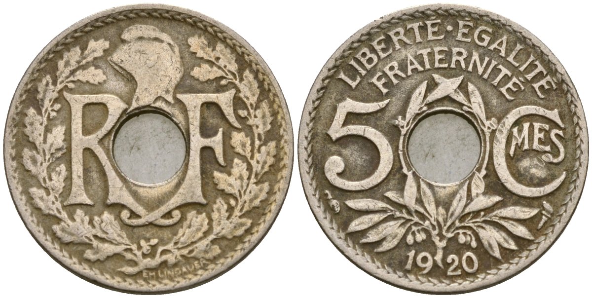 Франция 5 сантимов 1920 KM 865 медно-никель 4164-249