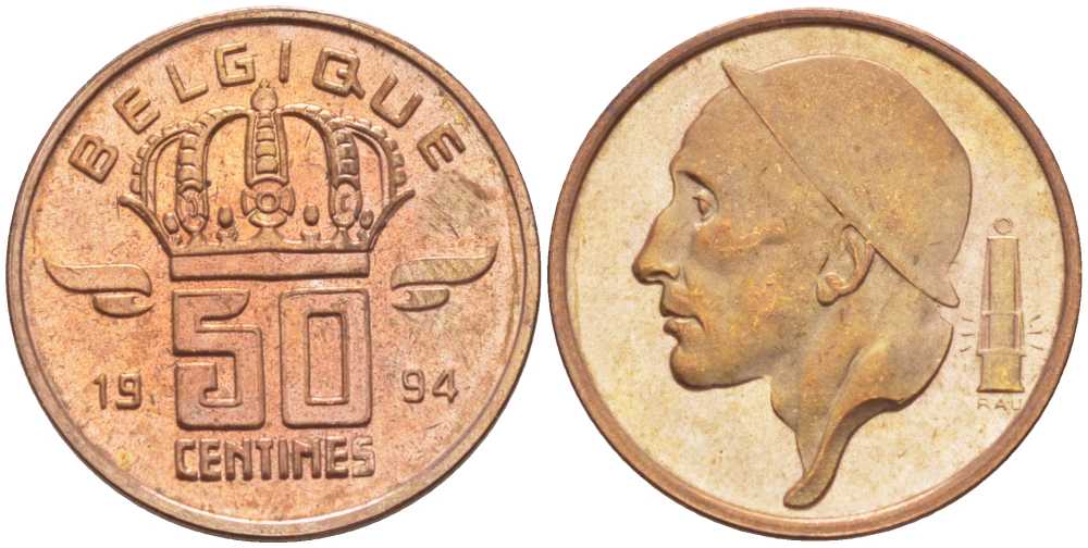 БЕЛЬГИЯ 50 САНТИМОВ 1994 BELGIQUE, БОДУЭН I (1951-1993) KM 148.1 бронза 214-662