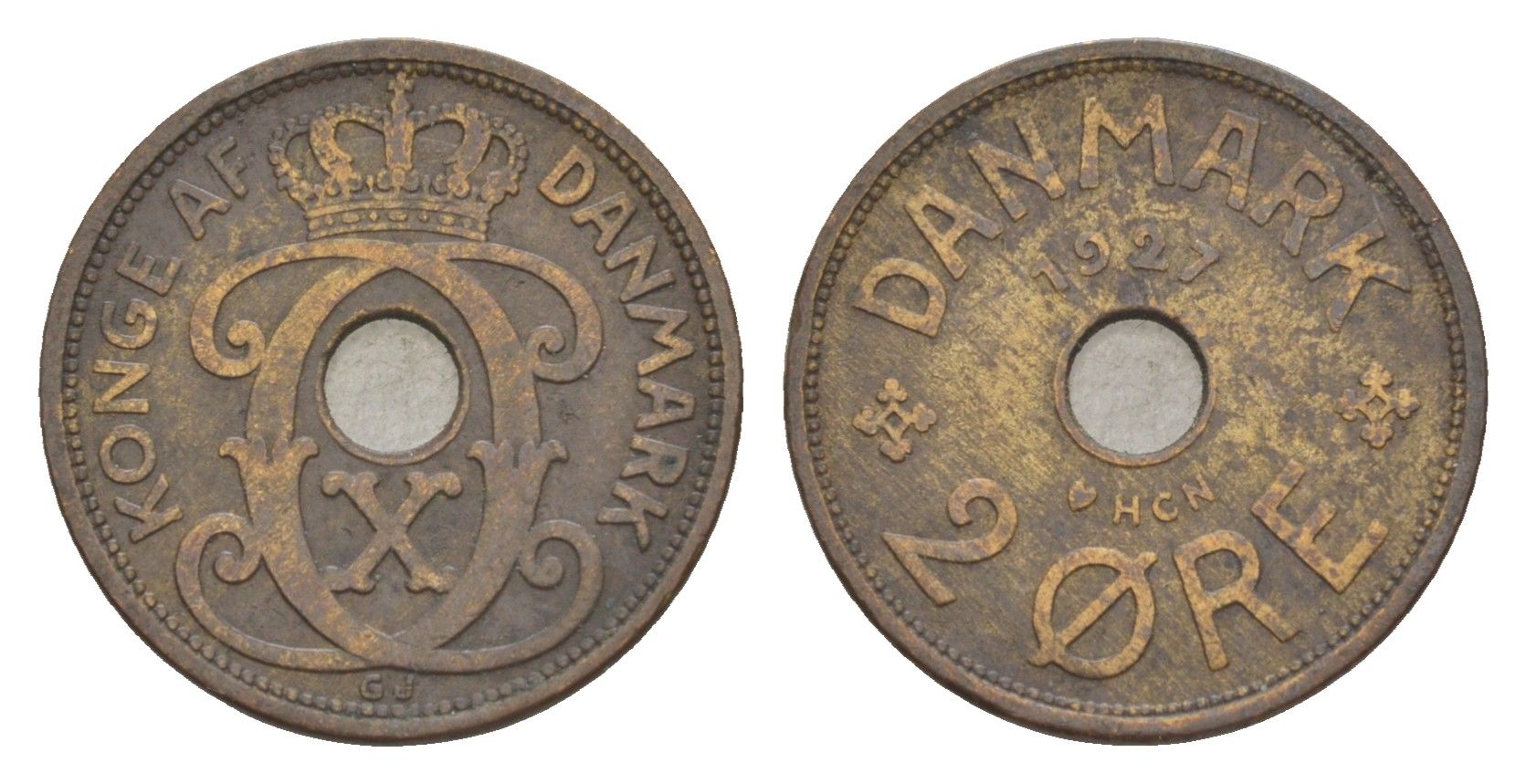 Дания 2 эре 1927 HCN, Кристиан X (1912-1947) KM 827 бронза 4639-722