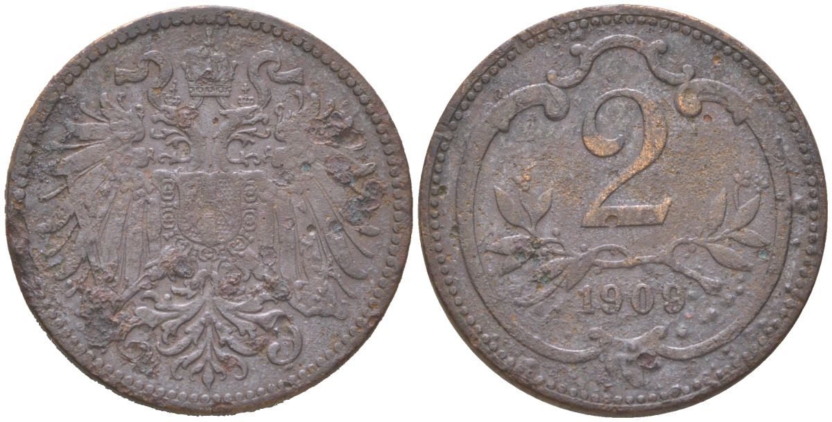 Австрия 2 геллера 1909 Франц Иосиф I (1848-1916) KM 2801 бронза 4613-1151