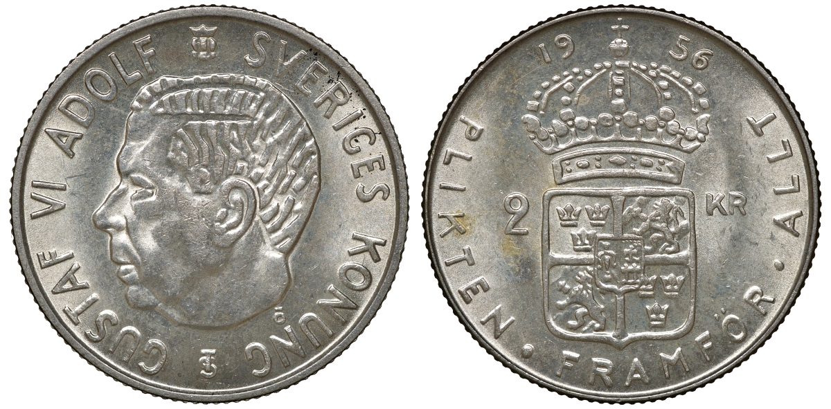 Швеция 2 кроны 1956 TS, Густав VI Адольф (1950-1973) KM 827 серебро 4179-1331