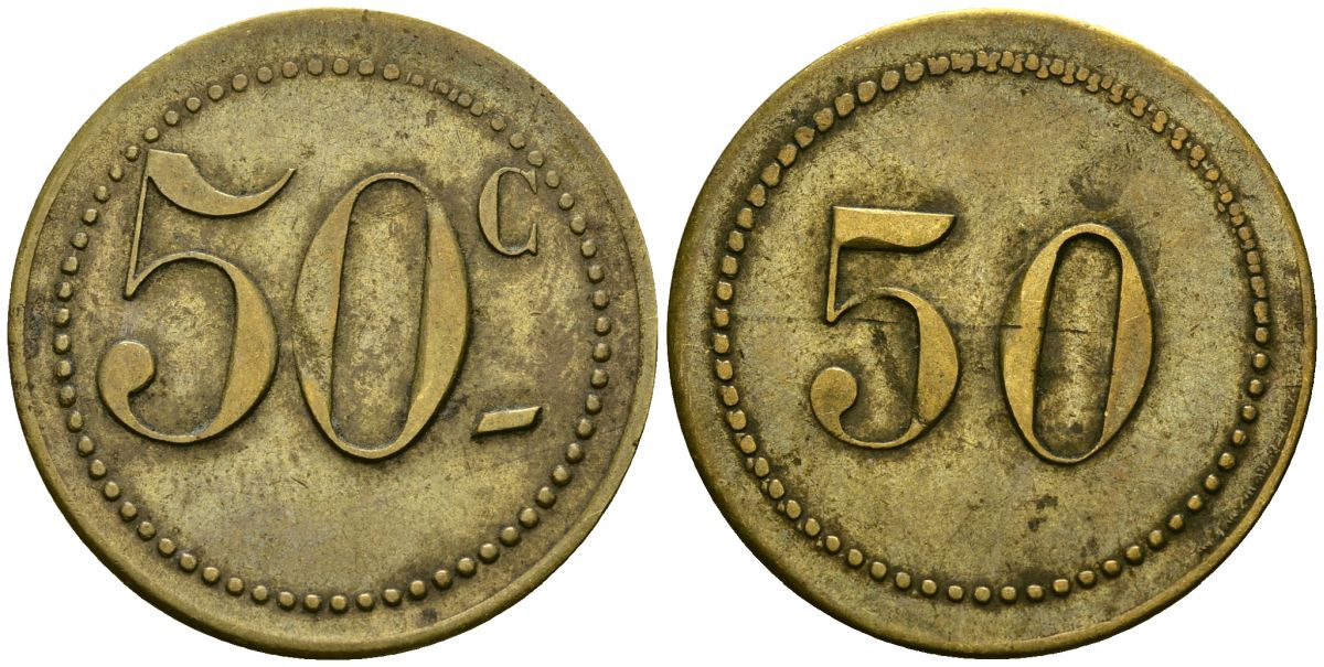 Франция 50 сантимов XIX-XX век ресторанный жетон латунь 4166-1247