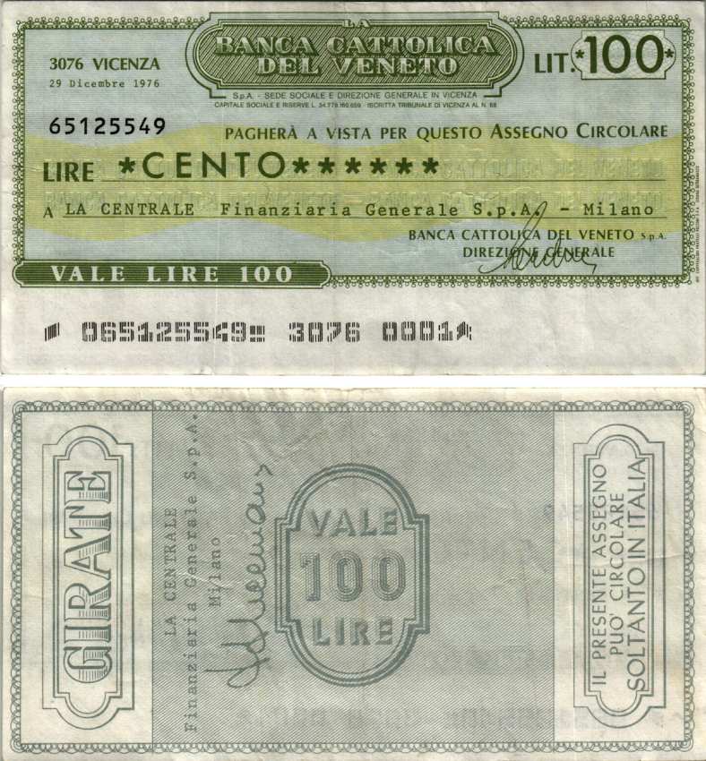 Италия 100 лир 1976 29 декабря 1976, Banca Gattolica del veneto бумага 7221-11-3-1