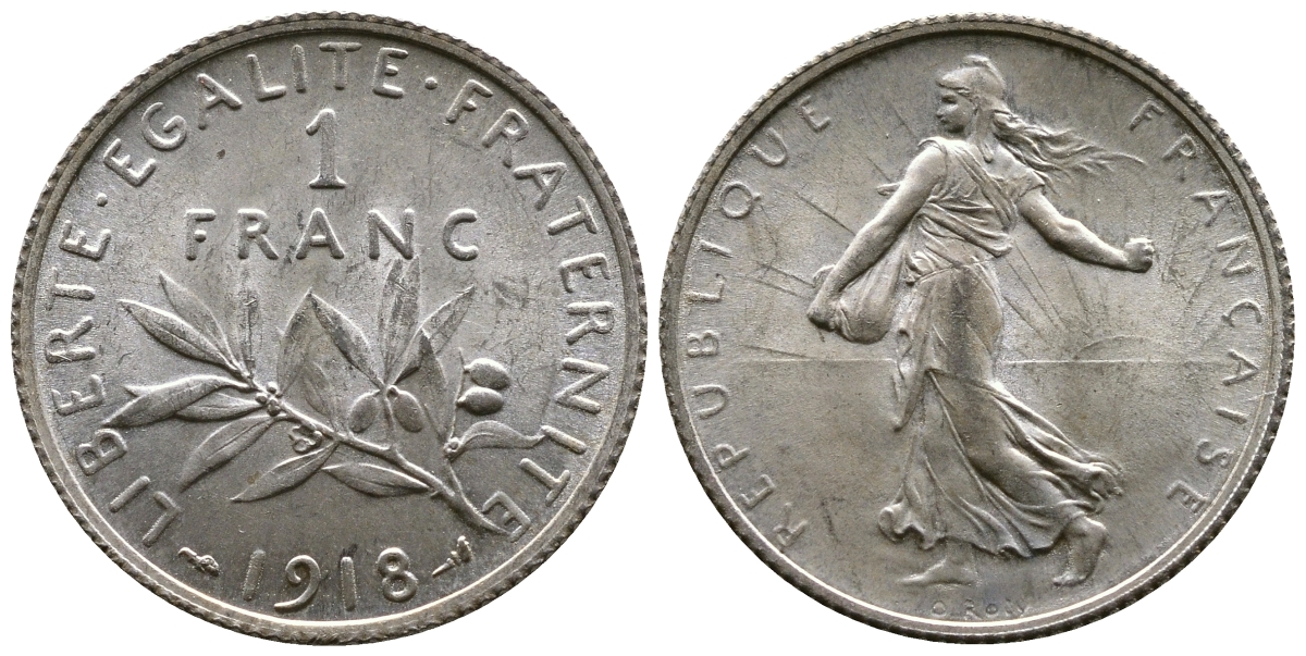 Франция 1 франк 1918 сеятель KM 844.1, Le Franc 217.24 серебро UNC 259-726