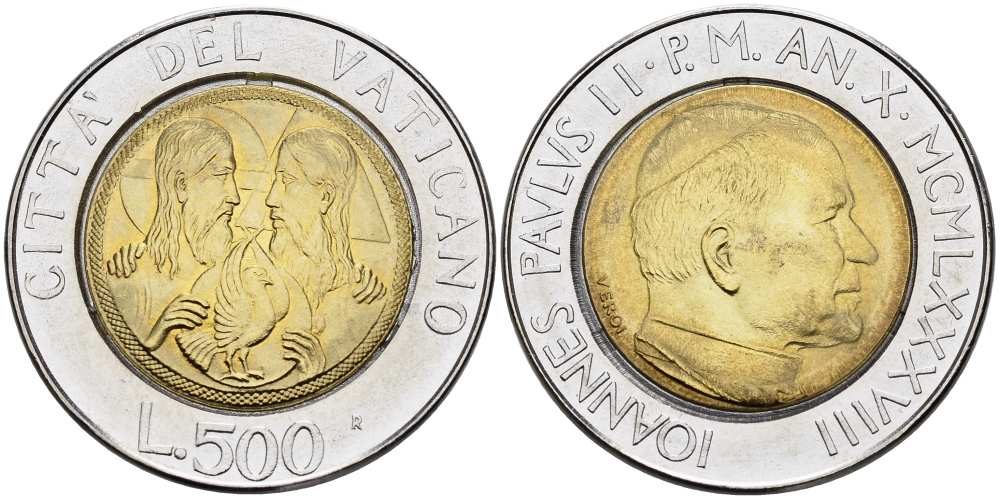 ВАТИКАН 500 ЛИР 1988 ГОД X, ИОАНН ПАВЕЛ II (1978-2005), СВЯТАЯ ТРОИЦА (БОГ ОТЕЦ, БОГ СЫН, СВЯТОЙ ДУХ) KM 211 биметалл UNC 4519-331